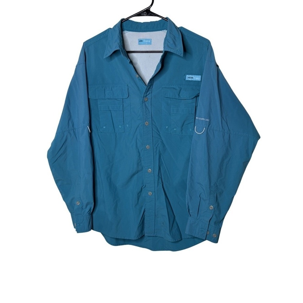 Tuna Mens Fishing Shirt Large Teal Blue Long Sleeve Ventilated Performance PFG